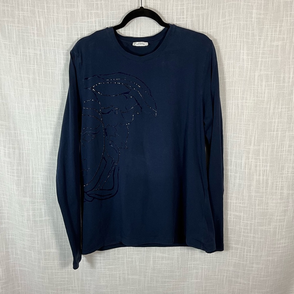 Versace Collection T Shirt Size XXXL Navy Crewneck with Studded Medusa Motif
